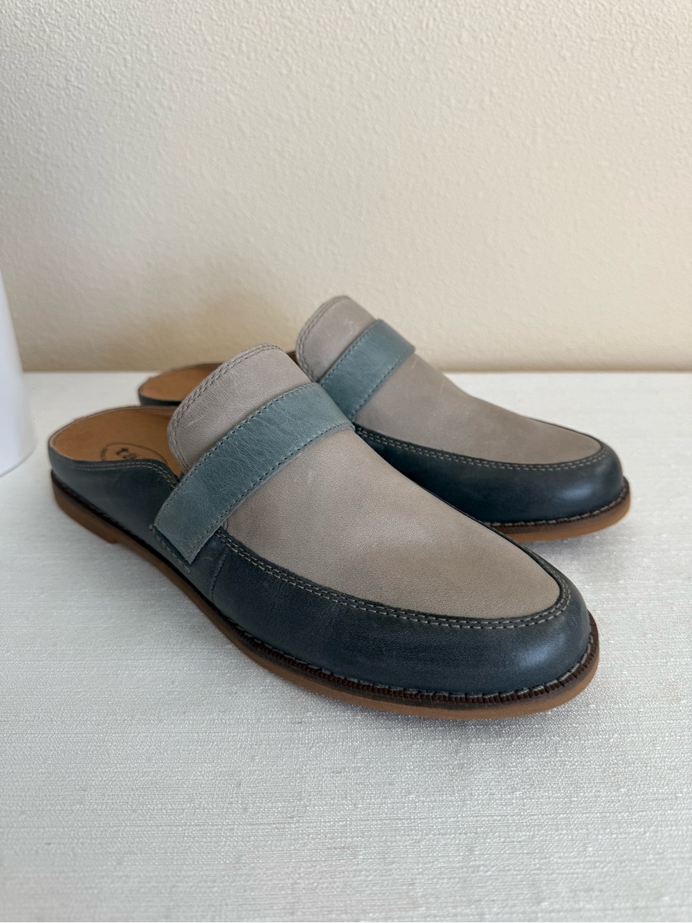 New TAOS Royal Slip-On Leather Mule in Grey and Blue